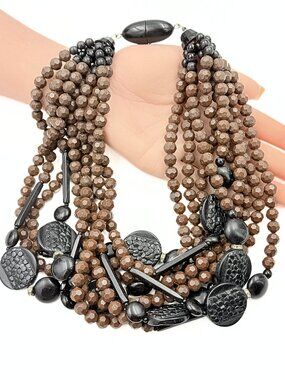 Angela Caputi Signed French Italy Brown Multi Strand Acrylic Boho Bib Necklace